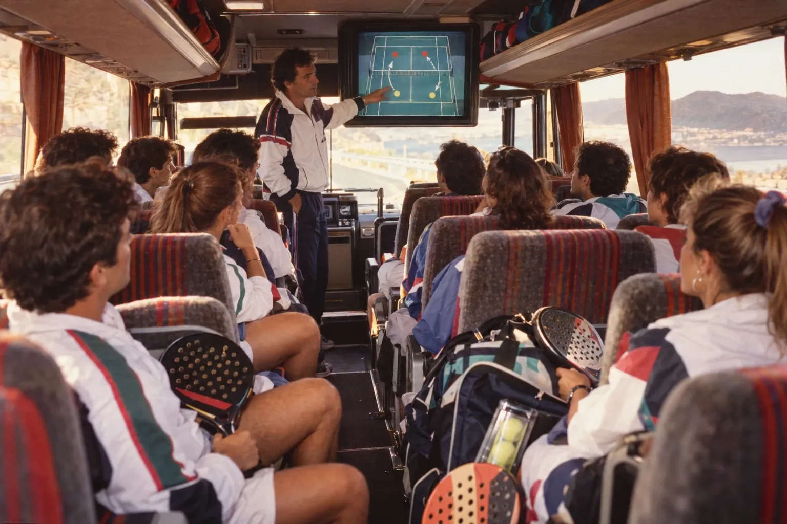 Trainer erklärt im Bus an einem Bildschirm Padel-Taktik, die Gruppe hört zu